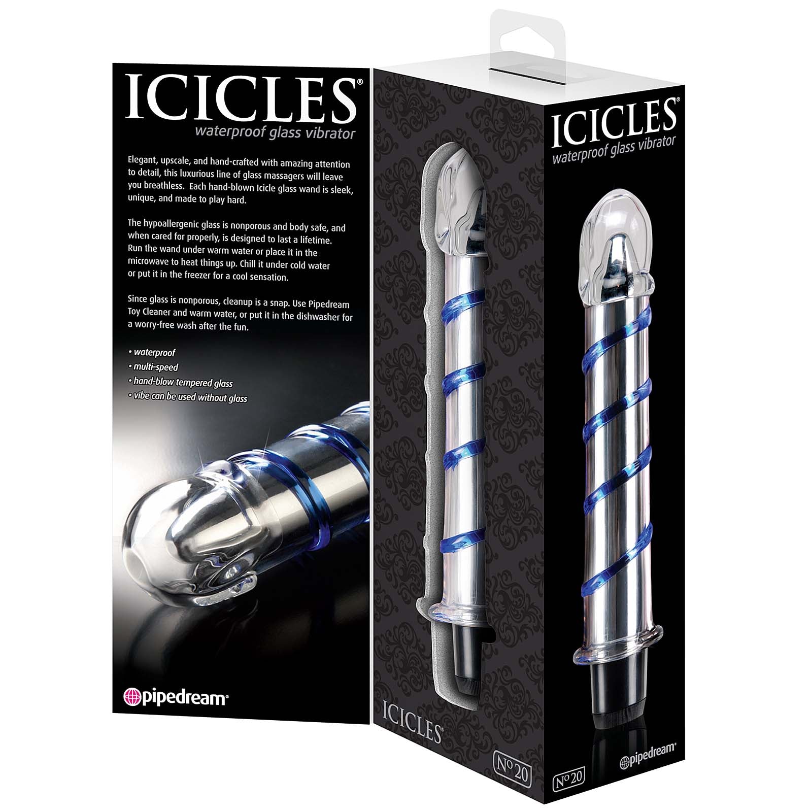 Icicles No.20-Waterproof Glass Vibrator-Blue Swril 7" - Godfather Adult Sex and Pleasure Toys