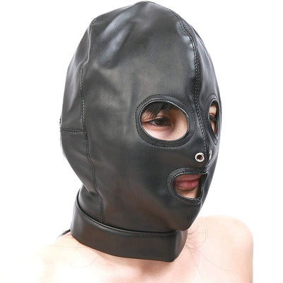 PU Leather Hood Mask with Eyes, Mouth and Nose Holes - Black