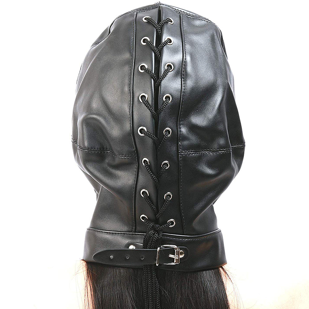 PU Leather Hood Mask with Eyes, Mouth and Nose Holes - Black
