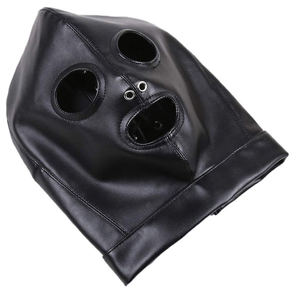 PU Leather Hood Mask with Eyes, Mouth and Nose Holes - Black