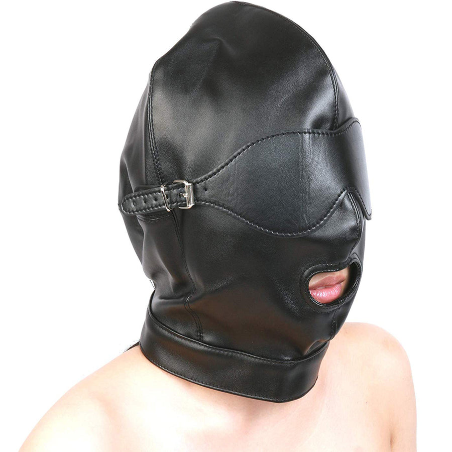 PU Leather Hood Mask with Open Mouth and Blindfold - Black