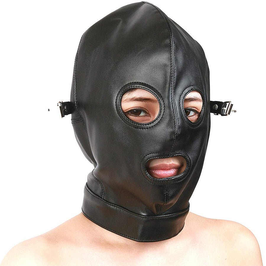 PU Leather Hood Mask with Open Mouth and Blindfold - Black