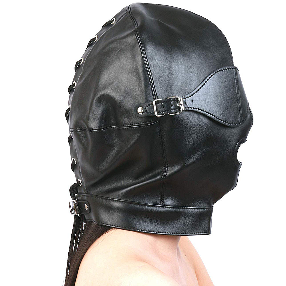 PU Leather Hood Mask with Open Mouth and Blindfold - Black