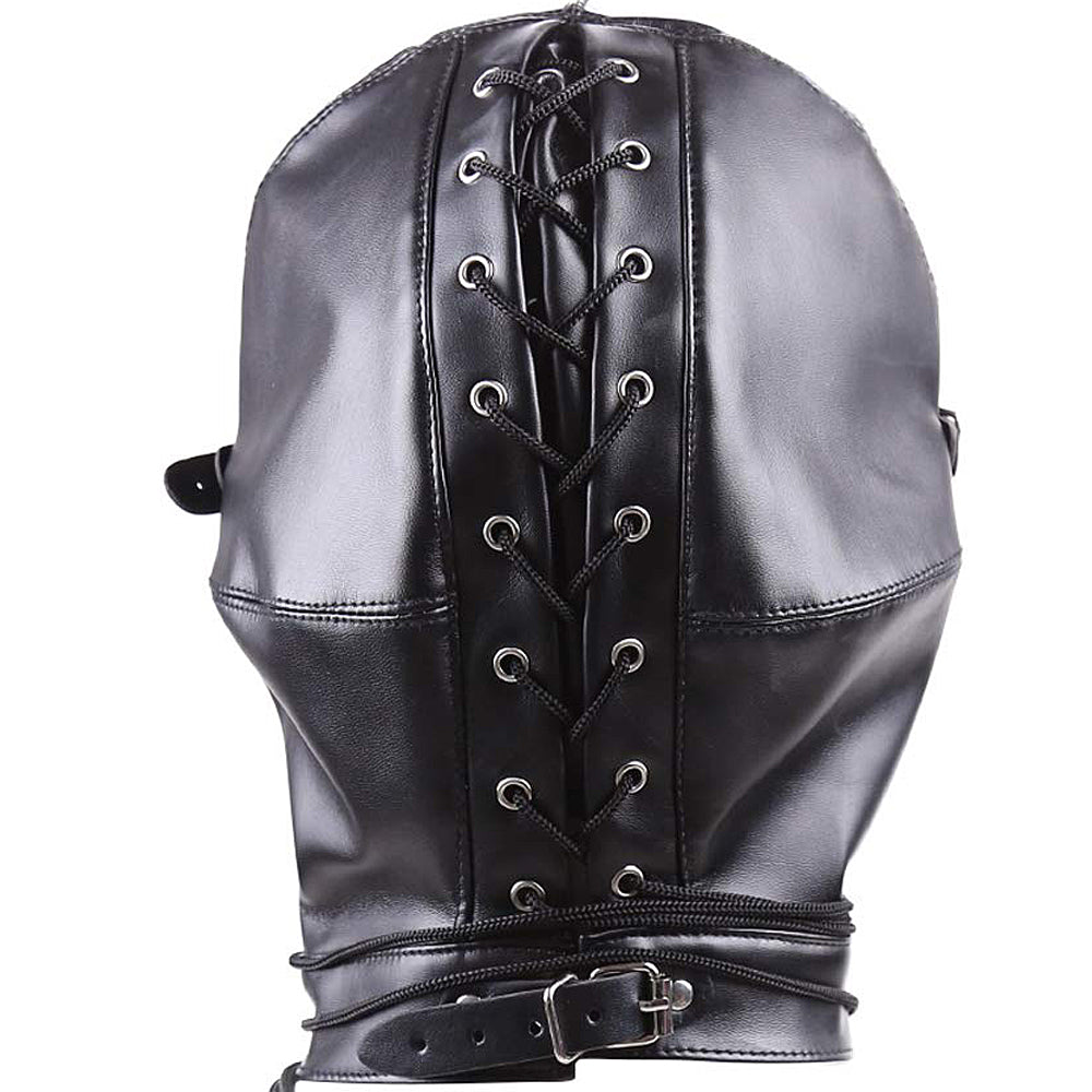 PU Leather Hood Mask with Open Mouth and Blindfold - Black