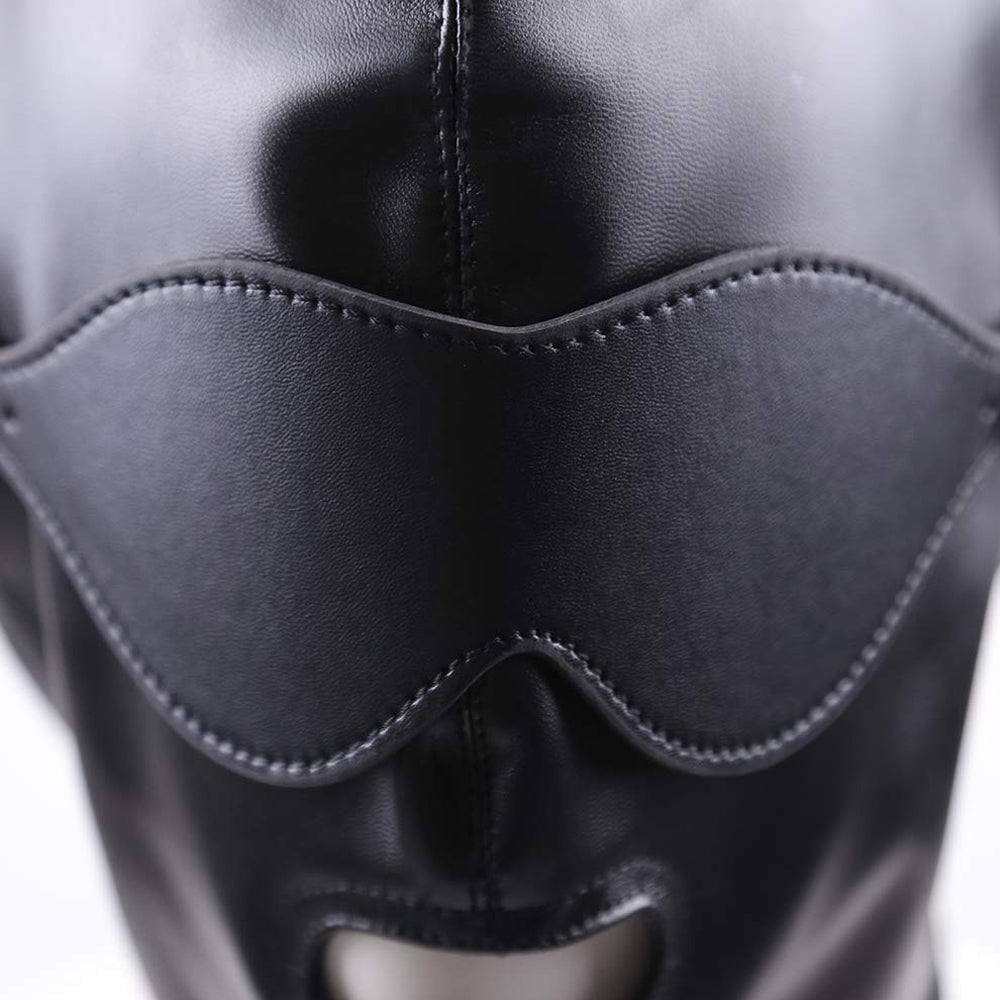 PU Leather Hood Mask with Open Mouth and Blindfold - Black