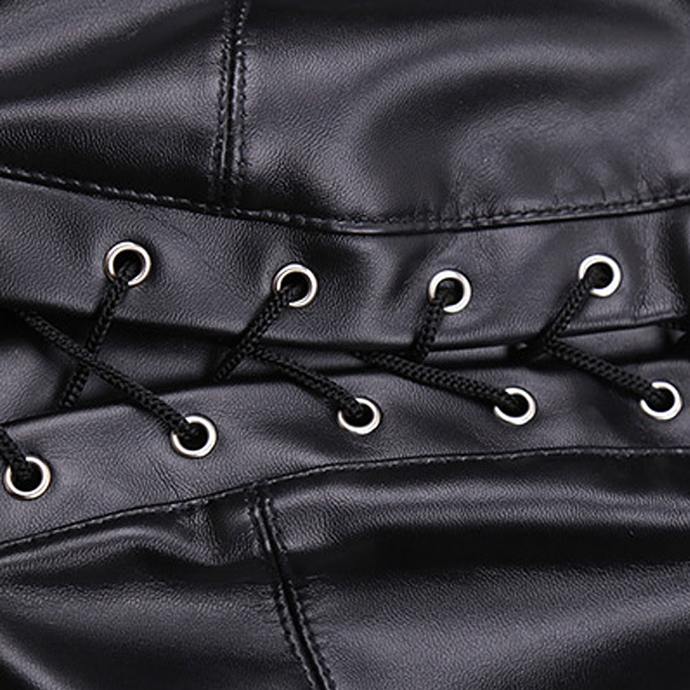 PU Leather Hood Mask with Open Mouth and Blindfold - Black